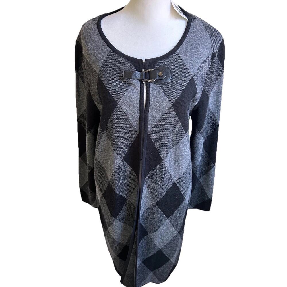 Anne Klein Toggle Plaid Cardigan Sweater Womens L Longline Knit Jacket NWT